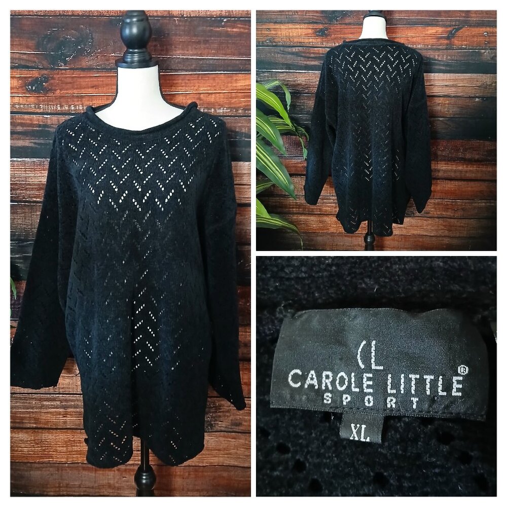 Carole Little Sport Vintage Sweater XL Black Chenille Open Knit Soft Velvety